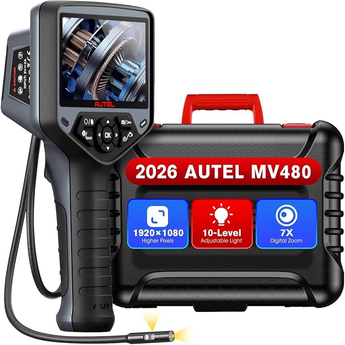 Autel MaxiVideo MV480 Inspection Camera, 1080P HD Industrial Endoscope with Light, Dual Cameras, 10-Level Adjustable LED, 7X Zoom, Snake Borescope with Audio Annotation, 360°Rotation, Up of MV460