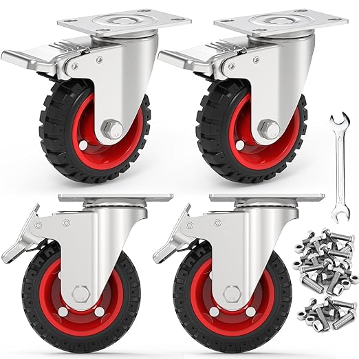 4 Inch Caster Wheels Heavy Duty with Dual-Lock Safety Brake and Rubber Tire Wheels, Heavy Duty - 300 Lbs Per Caster for Workbench, Trolley, Cabinet, Swivel Rubber Wheel 4-Packs with mounting Hardware