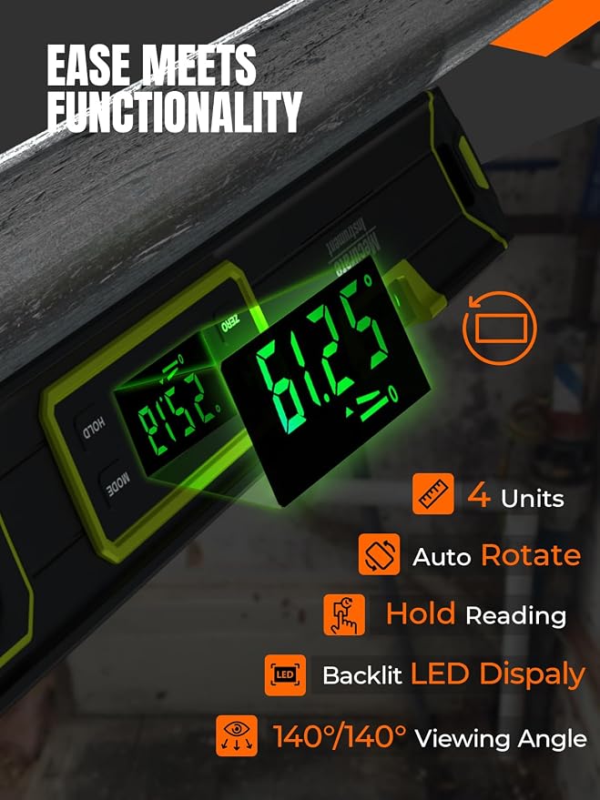 Mecurate 16-Inch Digital Level, Portable Electronic Angle Finder with Backlit Display, ±0.1° Accuracy, Magnetic Base, 4 Measurement Units, Compact Torpedo Smart Level Tool for DIY & Professional Use