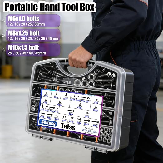 Taiss 400PCS Metric Flange Bolt Assortment Kit,M6x1.0, M8x1.25, M10x1.5 Bolts(12mm to 45mm),Hex Bolts and Nuts Washers Kit,Metric Bolt Assortment,10.9 Black Zinc Galvanized