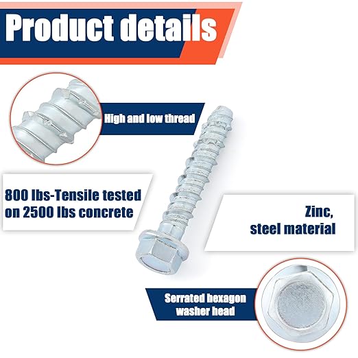 Tandefio 40 Pack 1/2" x 3" Galvanized Concrete Anchors and Screws Kit Large Diameter Concrete Heavy Duty Plated Hex Head Screw for Anchoring Masonry Brick Block Stucco Cement