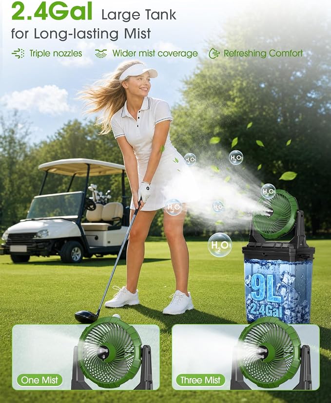 Ausic 2026 Upgraded 10″ 9L Oscillating Portable Misting Fan With Light, [Max 55Hrs] Golf Cart Mister Fan for Outside Patios, Outdoor Rechargeable Battery Operated Water Cool Fan-3 Spray Misters
