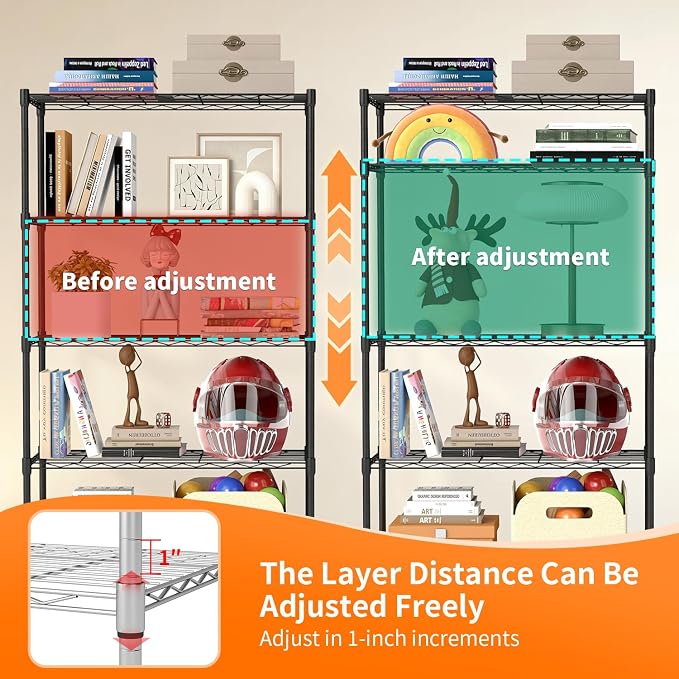 BestOffice | 5-Tier Wire Storage Shelves with Wheels | 14 x 30 x 61 | Black | with Adjustable Racks | Heavy-Duty Metal Shelf, Holds Upto 1250 lbs | No-Tool Assembly | Ideal for Home & Garage Shelving