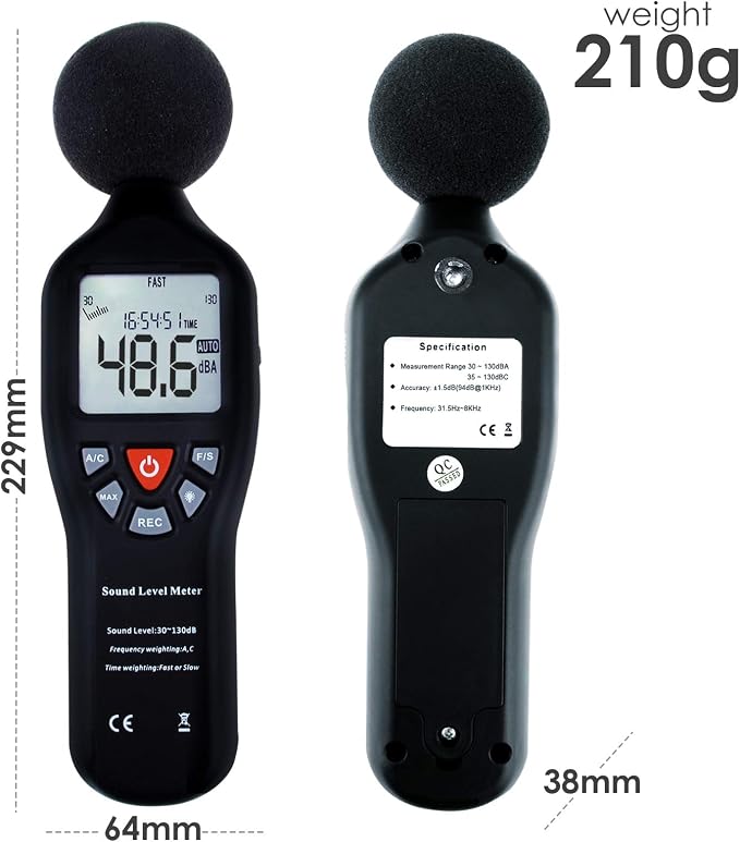 Decibel Meter Sound Level Meter with Data Logging, High Accuracy dB SPL Meter with LCD Backlight, Real-time Display, 30-130 dB Range, Connect Software in PC