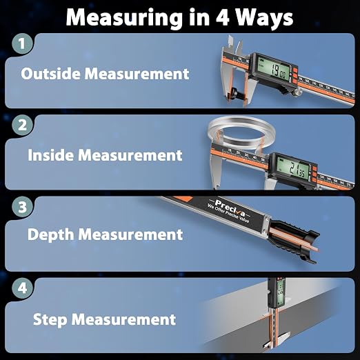 Preciva Digital Caliper 12", Rechargeable Stainless Steel Micrometer | Type-C charging, durable steel body, large LCD with auto-off saves power, in/mm/frac, for 3D-printing machining woodworking