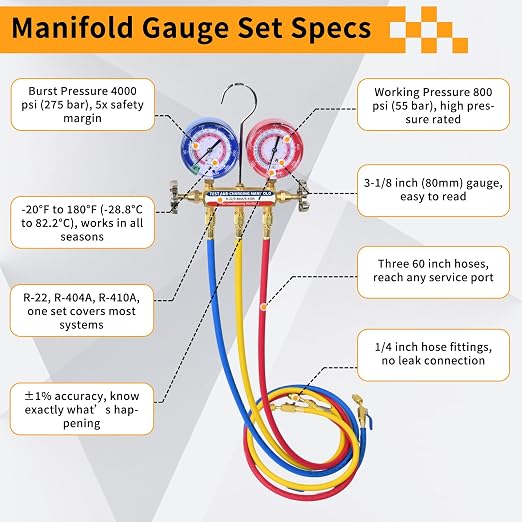 42201 Manifold Gauge Set, 3-1/8" (80mm) Anti Vibration Gauges, 60" Y/R/B Hoses with Compact Ball Valves, 1/4" Fittings, 2 Valve, 6 Dust Plugs, for HVAC Test and Charging of R-22, R-404A, R-410A