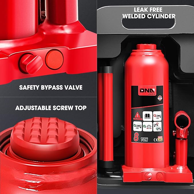DNA Motoring 8 tons / 16000 lbs Lifting Automotive Welded Hydraulic Bottle Jack for Repair Vehicle, Pickup, Truck, w/Manual Handle, Red,TOOLS-00358