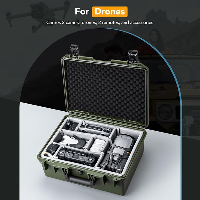 Lykus PVC1 Waterproof Hard Camera Case with Padded Dividers for Cameras, Lenses, Dual DJI Mavic/Air/Mini/Flip drones