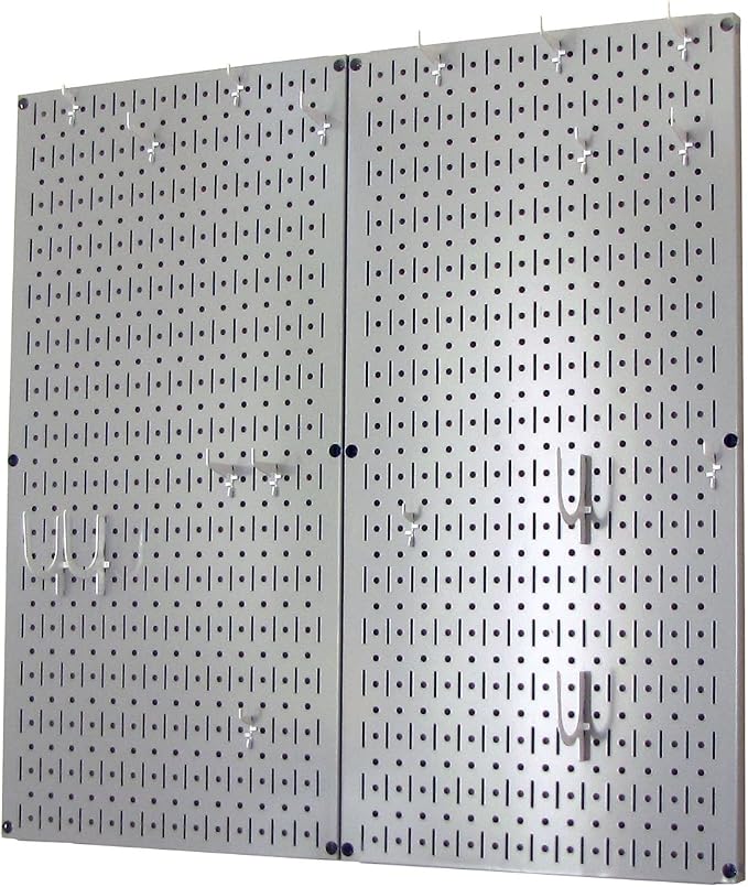 Wall Control Kitchen Pegboard Organizer Pots and Pans Storage Rack Organization Kit with Grey Pegboard and White Accessories