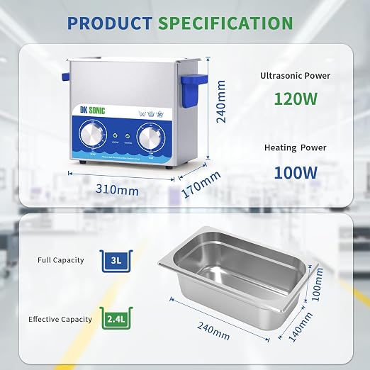 DK SONIC Ultrasonic Cleaner,3L 120W Ultrasonic Jewelry Cleaner with Heater& Mechanical Timer,Sonic Cleaner for Cleaning Jewelry,Eyeglasses,Coins(Include Basket)
