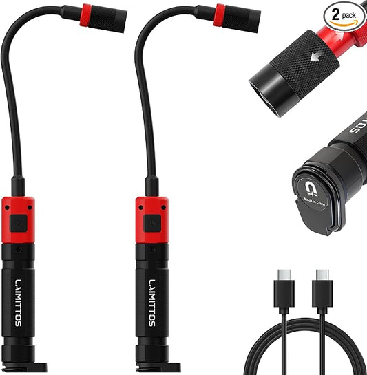 Magnetic Flashlight with Flexible Gooseneck, Rechargeable Work Light LED Zoomable Lens Flashlight, Mechanic Light for Work Bench, Auto-Repairing, Inspection, Emergency (2 Pack)