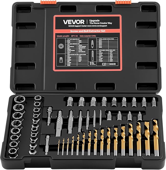 VEVOR Bolt Extractor Kit, 54 Pieces Easy Out Screw Extractor Set, Left Hand Drill Bit Set, Multi-Spline Extractors, for Removing Damaged, Stripped, Broken, Rusted, Rounded-Off Bolts, Nuts & Screws