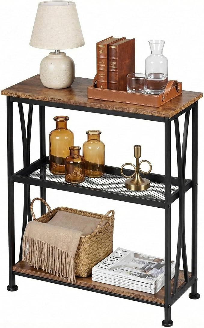 Narrow Side Table,3-Tier End Table With Storage Shelves,Small Hallway Table, Industrial Accent Table With Metal Frame Slim Nightstand Sofa Side Table for Small Spaces,Living Room, Bedroom,Rustic Brown