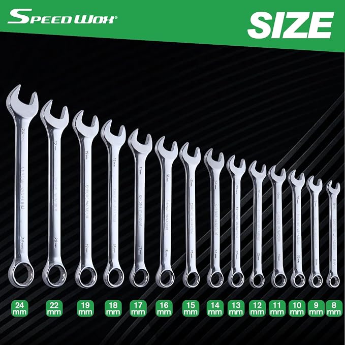 SPEEDWOX 14-Piece Essential Metric Combination Wrench Set Metric 8mm to 24mm 12 Point Combination Wrench Sets in Roll-up Pouch for General Household Garage Chrome Vanadium Steel Mirror Chrome Finish