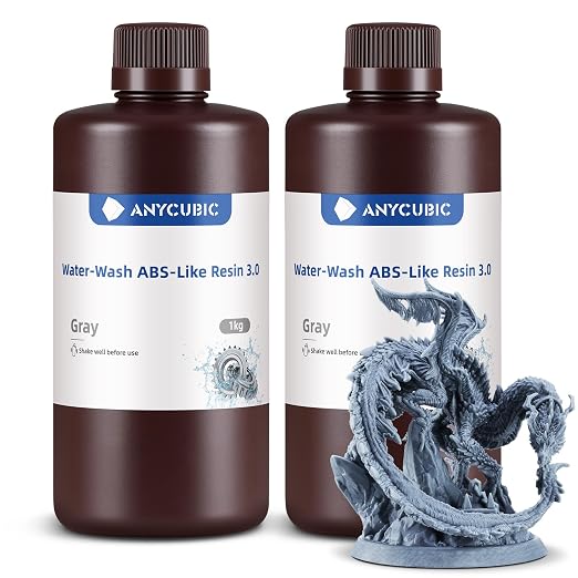 ANYCUBIC Water Washable ABS-Like 3D Printer Resin, High Toughness and Durability, High Precision and Easy to Post-Process, Low Odor, Wide Compatibility (Grey+Grey, 2kg)