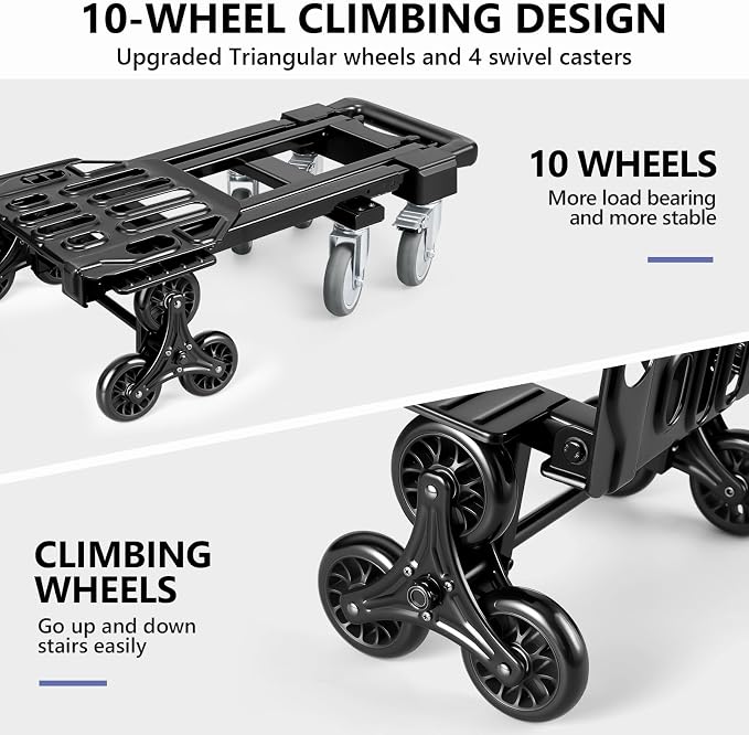 KEDSUM 3-in-1 Convertible Stair Climbing Dolly, 660LBS Heavy Duty Dolly Cart with Wheels, Hand Truck with Adjustable Handle Angle & Expandable Base for Home, Warehouses, 10-Wheel Design with Brakes