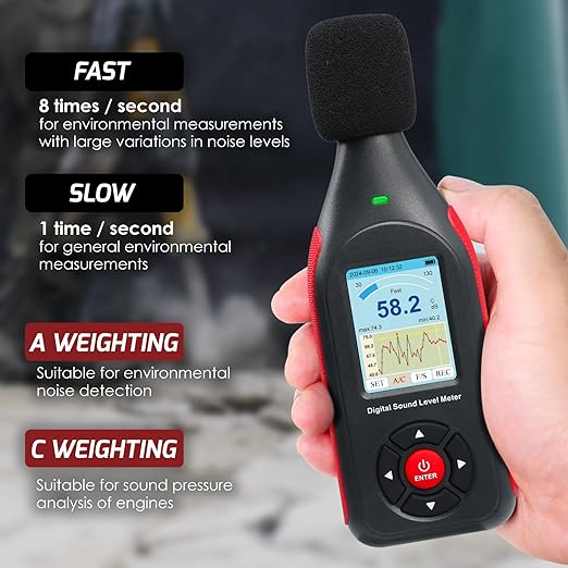 Decibel Meter Data Logger Digital Sound Decibel Meter, Sound Level Meter with 43,000 Data Record & Export, Rechargeable Noise Meter with A/C Frequency&DC Output, 3-Color Alarm, Real Time Measurement
