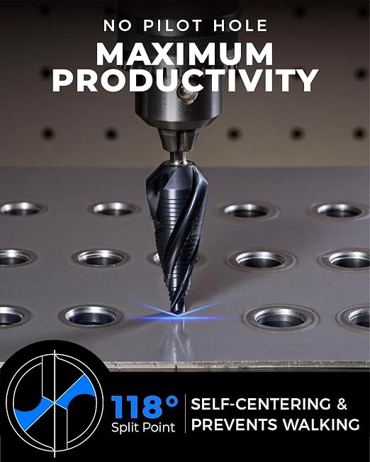 toolant Four Spiral Flute Cobalt Step Drill Bit Set(Pro Max), 1/8"-7/8"(3pcs) Impact Ready Unibit Step 1/4" Hex Shank Step Bits for Metal, Stainless Steel, Aluminum, Wood, Plastic