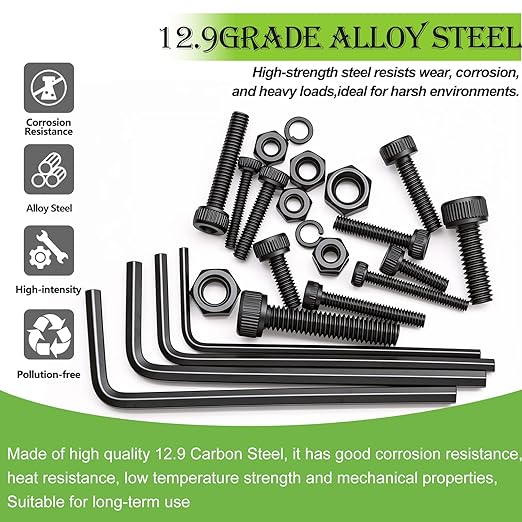 mxuteuk 888PCS Metric Screws Assortment,M4 M3 M2.5 M2 Screws Kit, Suitable for 3D Printing DIY, Grade 12.9 Alloy Steel Hex Socket Head Cap Bolts Nuts and Washers Kit, Black Zinc Plated