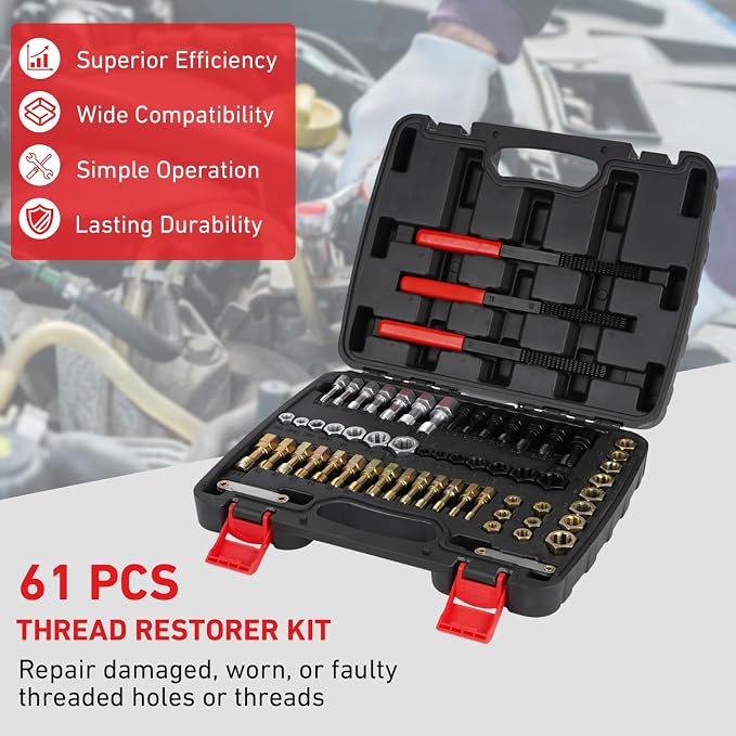61Pcs Thread Restorer Kit, Rethread Repair Tool, UNC, UNF & MetricThread Chaser Set with Thread Pitch Gauge, Repair or Reshape Damaged Threads on Bolts, Screws, or Nuts