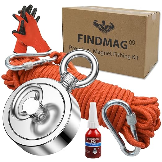 FINDMAG Double Sided Magnet Fishing Kit with Rope, Fishing Magnets 1000 lbs Pulling Force Fishing Magnets for Retrieving Items in River, Lake, Beach, Lawn, 2.95" Diameter