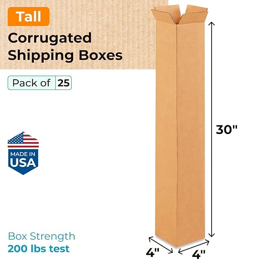Tall Moving & Shipping Boxes 4"L x 4"W x 30"H (25-Pack) - Extra Strength 200 lb vs Regular - USA-Made Corrugated Durable Boxes for Packaging Moving - Tall Cardboard Box for Shipping by IDL Packaging