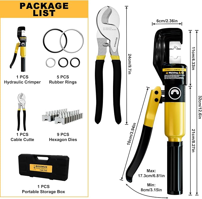 Hydraulic Crimping Tool and Cable Cutter,12 AWG to 2/0 (00), Battery Cable Crimper with 9 Crimping Dies, Hydraulic Wire Crimper Kit for Cable Lug, Ring Terminals, Wire Rope