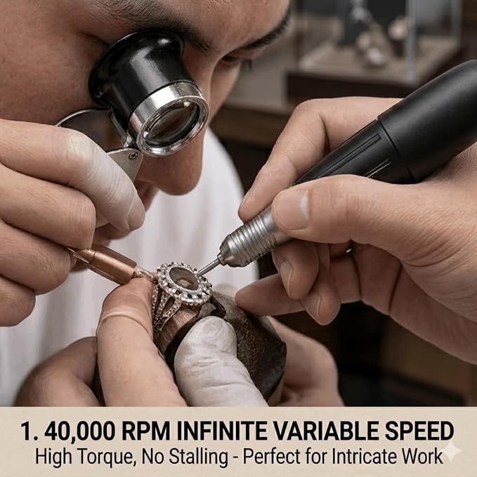 Electric Rotary Micromotor Tool, 0-40,000 RPM Handpiece with Foot Pedal Control, Professional Polisher Tool for Jewelry, Ceramics, Nail Art & Wood Carving