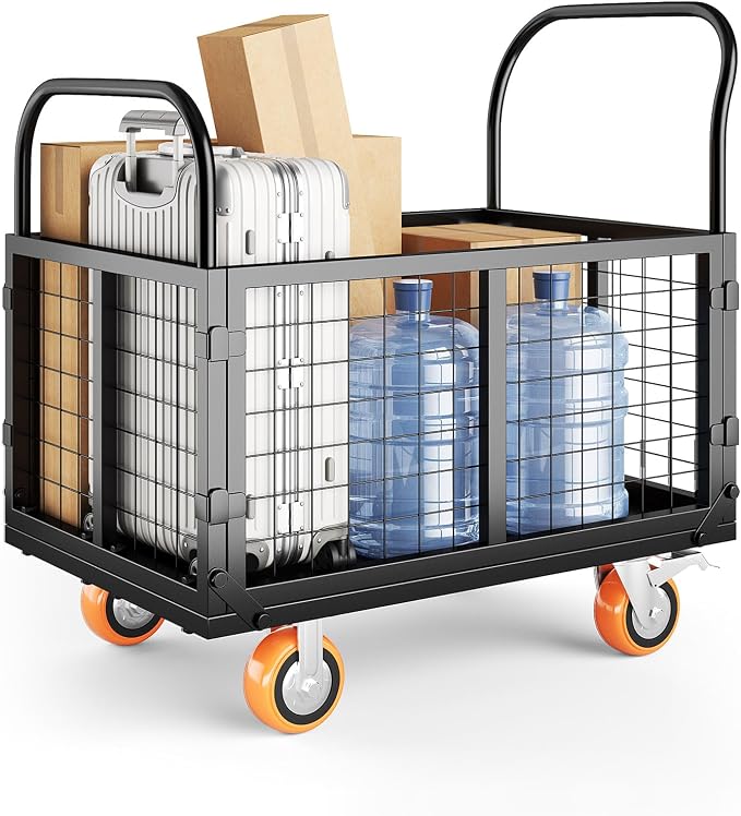 GarveeTech Platform Truck Cart with Cage, 6-in-1 Multi-Purpose Flatbed Cart, Foldable Hand Truck Load 1800 LBS with 4 Wheels Push Cart Dolly for Grocery, Laundry, Garage, Warehouse (Black)