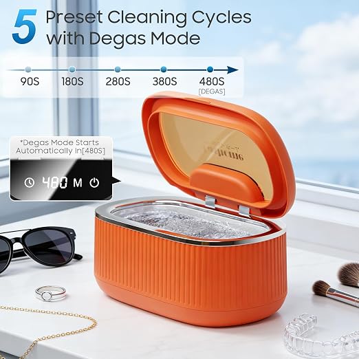 Ultrasonic Jewelry Cleaner with 45kHz for Rings, Glasses & Retainers | Deep Cleans Necklaces, Earrings & Watches • 20oz Tank • 3 Power Modes • 5 Timer Settings • 2 Cleaning Solutions
