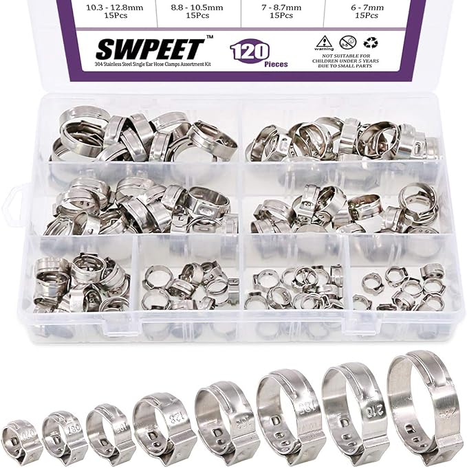 Swpeet 120Pcs 304 Stainless Steel Single Ear Hose Clamps with 9 inch Single Ear Clamp Pliers