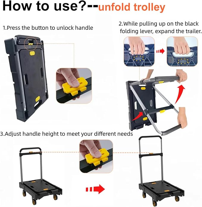 Folding Platform Hand Truck Push Cart Foldable Dolly Cart Portable Trolley 300lb Heavy Load Capacity, Adjustable Handle with Swivel Wheels for Garage Garden Home Office Travel Shopping Use