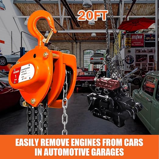 YATOINTO Chain Hoist 1 Ton(2200 Lbs) Capacity 20 FT Manual Hand Lift Steel Chain Block Hoist with 2 Heavy Duty Hooks Industrial Grade Steel Structures for Garages Automotive Machinery
