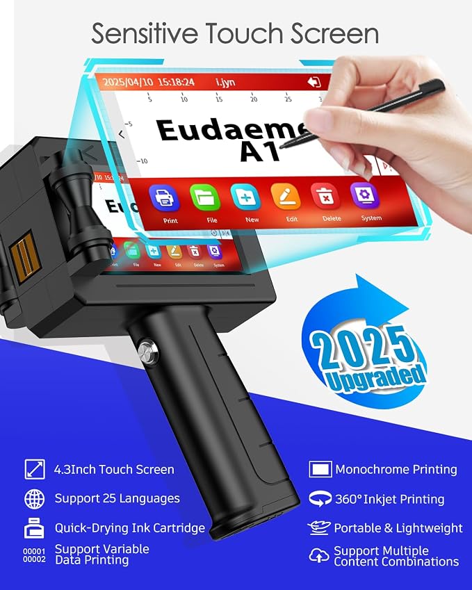 A1 Handheld Inkjet Printer Gun,0.5 Inch Portable Handheld Ink jet Printer Gun with 42ml Quick-Drying Ink Inkjet Coding Machine for Expiry Date/Batch Number/Text/Logo/QR Code/Barcode/Serial Number