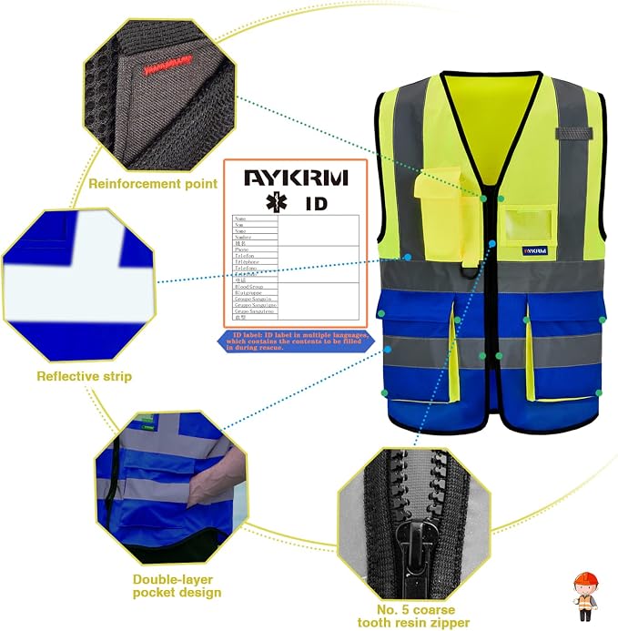 A-SAFETY Hi-Vis Reflective Vest, Multi-Color, Front Zipper, Yellow/Blue, S | Yellow/Blue S work vest with 7 pockets, black front zipper and reflective strips for mechanical work and assembly lines.