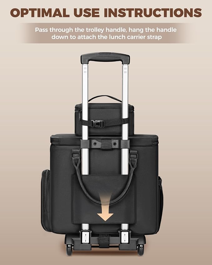 Ytonet Rolling Laptop Bag with Large Cup Holder, 15.6 In Rolling Briefcase for Women Rolling Teacher Bag with Insulated Lunch Box, Detachable Trolley Roller Tote Bags for Work, Office, Teacher, Black