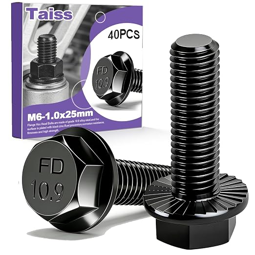 Taiss 40PCS M6-1.0 x 25mm Metric Flange Hex Head Bolts,Hex Drive Screws 10.9 Black Zinc Plated Alloy Steel,M6x1.0 Bolt,Full Thread Hex Bolts