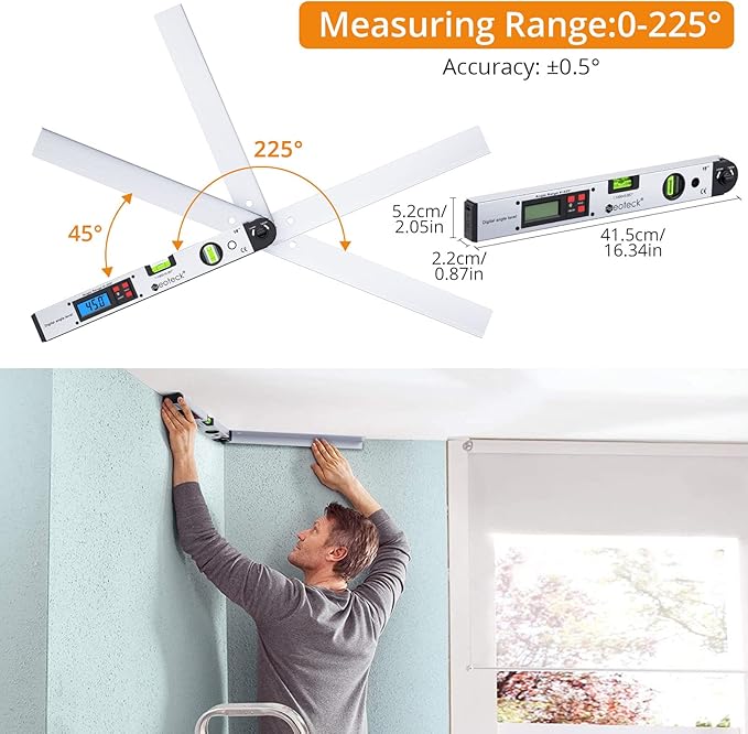 Neoteck 16 inch Digital Angle Finder 225° Aluminum Protractor, LCD Backlight, Bubble Level ±0.5° Accuracy, Data Hold & Locking Knob, Auto Shutdown, Portable Bag, for Woodworking & Construction