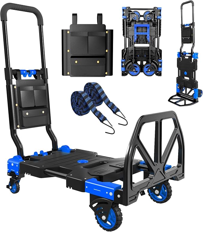 Folding Hand Truck, 2 in 1 Portable Heavy Duty Carrying Moving Dolly Cart with 4 Foldable Wheels and Retractable Handle Duty 330lbs (Blue)