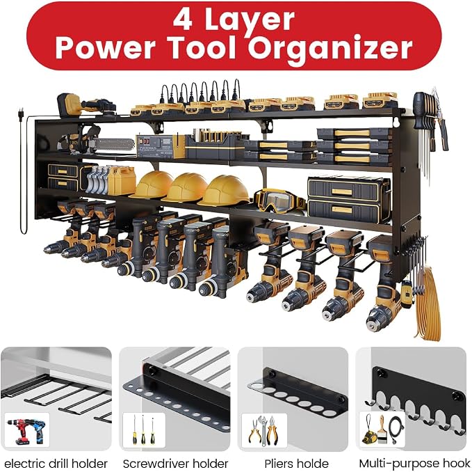 53" Power Tool Organizer Wall Mount with Power Strip, Black Heavy Duty Metal Tool Shelf, 400lbs Capacity for Cordless Drills, Batteries & Garage Storage (12 Slots with 8 Outlets Power Strip)