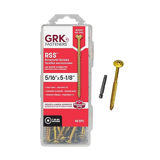 GRK Fasteners RSS™ 5/16 x 5-1/8 Inch, Rugged Structural Screws, 50 PCS, Rust Resistant Climatek™ Coating, Interior and Exterior Use, Heavy-Duty Framing & Decking Screws, Fast Bite Tip with Star Drive