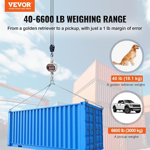 VEVOR Digital Crane Scale, 6600 lbs/3000 kg, Industrial Heavy Duty Hanging Scale with Remote Control, Cast Aluminum Case & LED Screen, High Precision for Construction, Factory, Farm, Hunting (Silver)