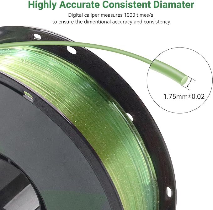 Crystal Rainbow PLA 3D Printer Filament, Dimensional Accuracy +/- 0.02 mm, 1kg (2.2lbs), 1.75 mm, Rainbow Yellow Green