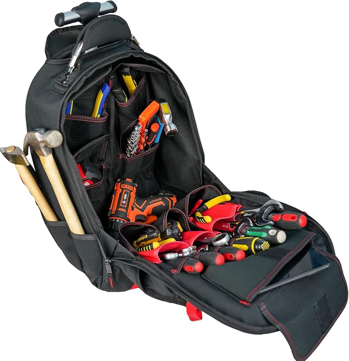 MELOTOUGH Wheeled Rolling Tool Bag Heavy Duty Tool Backpack with Wheels Tool Organizer Bag for Electrician, Carpenter, HVAC,Welder (Red)