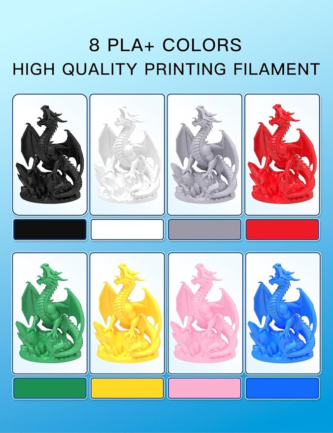 PINBALL PLA+ 3D Printer Filament 1.75mm, 8 Colors PLA Plus 3D Printing Filament, Fit for Most FDM 3D Printers, 8 KG, Black+White+Grey+Red+Green+Yellow+Pink+Blue