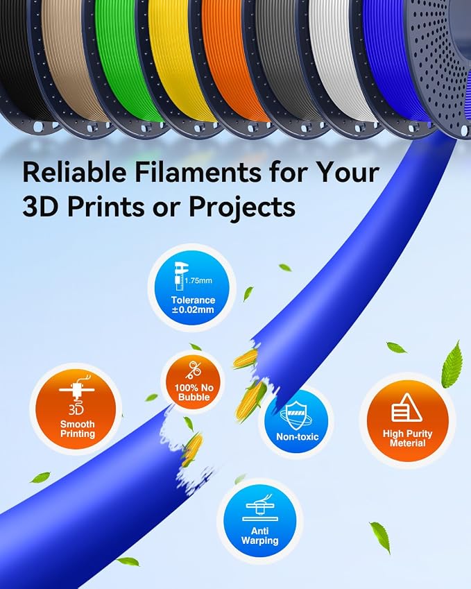 JAYO PLA+ Filament Bundle 1.75mm, 3D Printer Filament Bundle Multicolor, Individually Vacuum Packed, 250g Spool, 8 Pack, 2KG in Total, Black+White+Grey+Blue+Green+Orange+Yellow+Burlywood Color