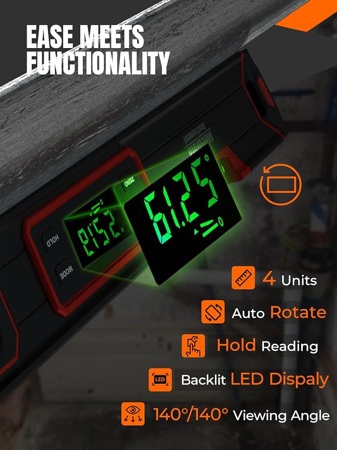 Mecurate 16-Inch Digital Level, Portable Electronic Angle Finder with Backlit Display, ±0.1° Accuracy, Magnetic Base, 4 Measurement Units, Compact Torpedo Smart Level Tool for DIY & Professional Use