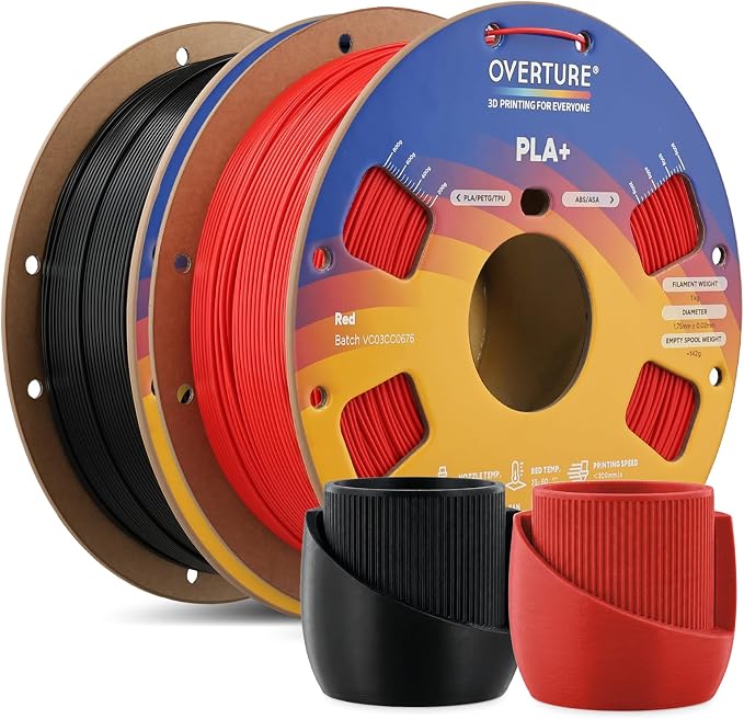 OVERTURE 2KG Bundle High Speed PLA+ 3D Printer Filament 1.75mm, Upgraded Rapid PLA 2.0 with Enhanced Toughness & Stability, 2 Pack 1kg Spool (2.2lbs) Fit Most FDM 3D Printers (Black+Red)