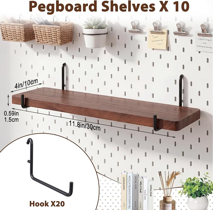 Novabright 10 Pcs Walnut Color Pegboard Shelves Set with Metal Brackets Hooks 11.8 x 4'' Wall Wooden Pegboard Shelving Heavy Duty Accessories for Crafts Office Garage, Compatible with IKEA Skadis