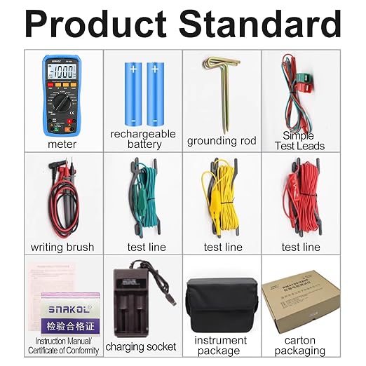 Digital Ground Resistance Tester, True RMS Earth Meter AC/DC Voltage Multimeter Backlight LCD Data Hold Rechargeable Full Test Kit for Electrician Ground Lightning Test